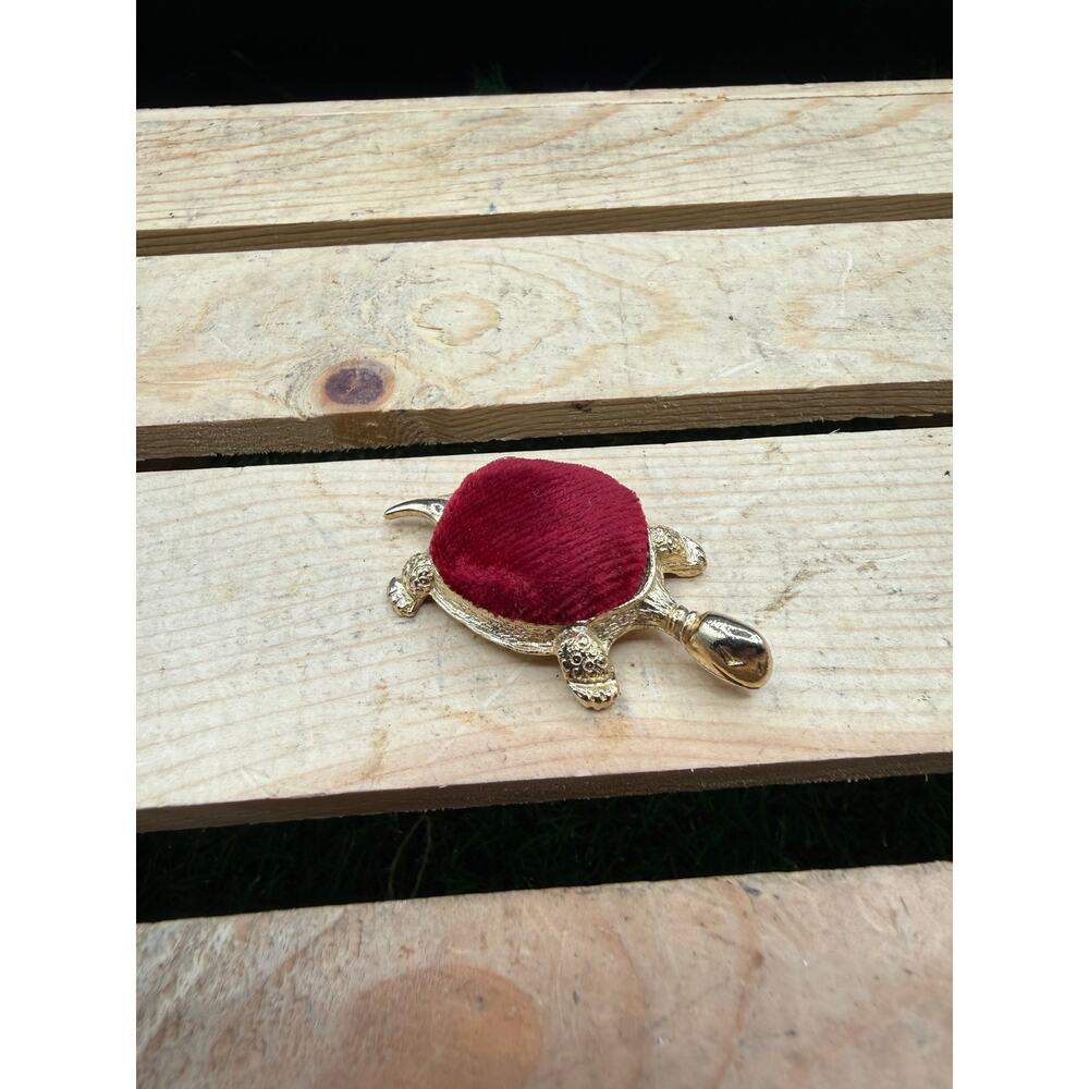 Vintage 2.5"Gold Tone Metal Turtle Pin Cushion-Red Velvet Shell-Sewing
